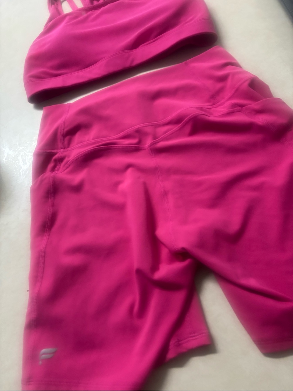 Fabletics Hot Pink Strappy Sports Bra and High-Waist Bike Shorts